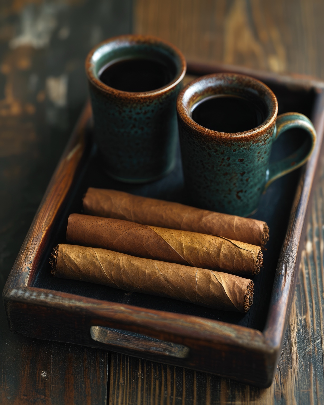 Coffee and cigars on a wooden tray