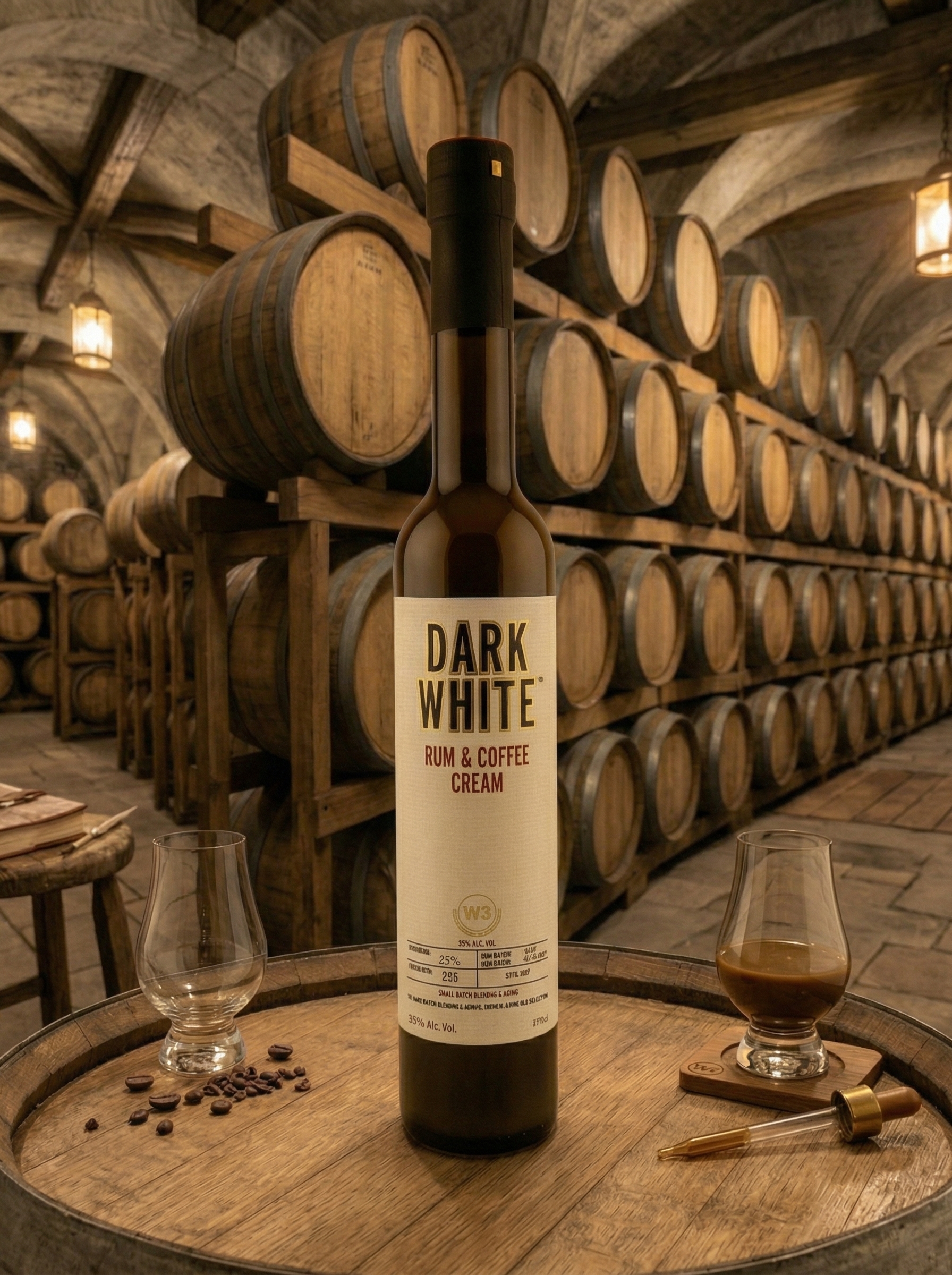Dark White bottle in barrel cellar