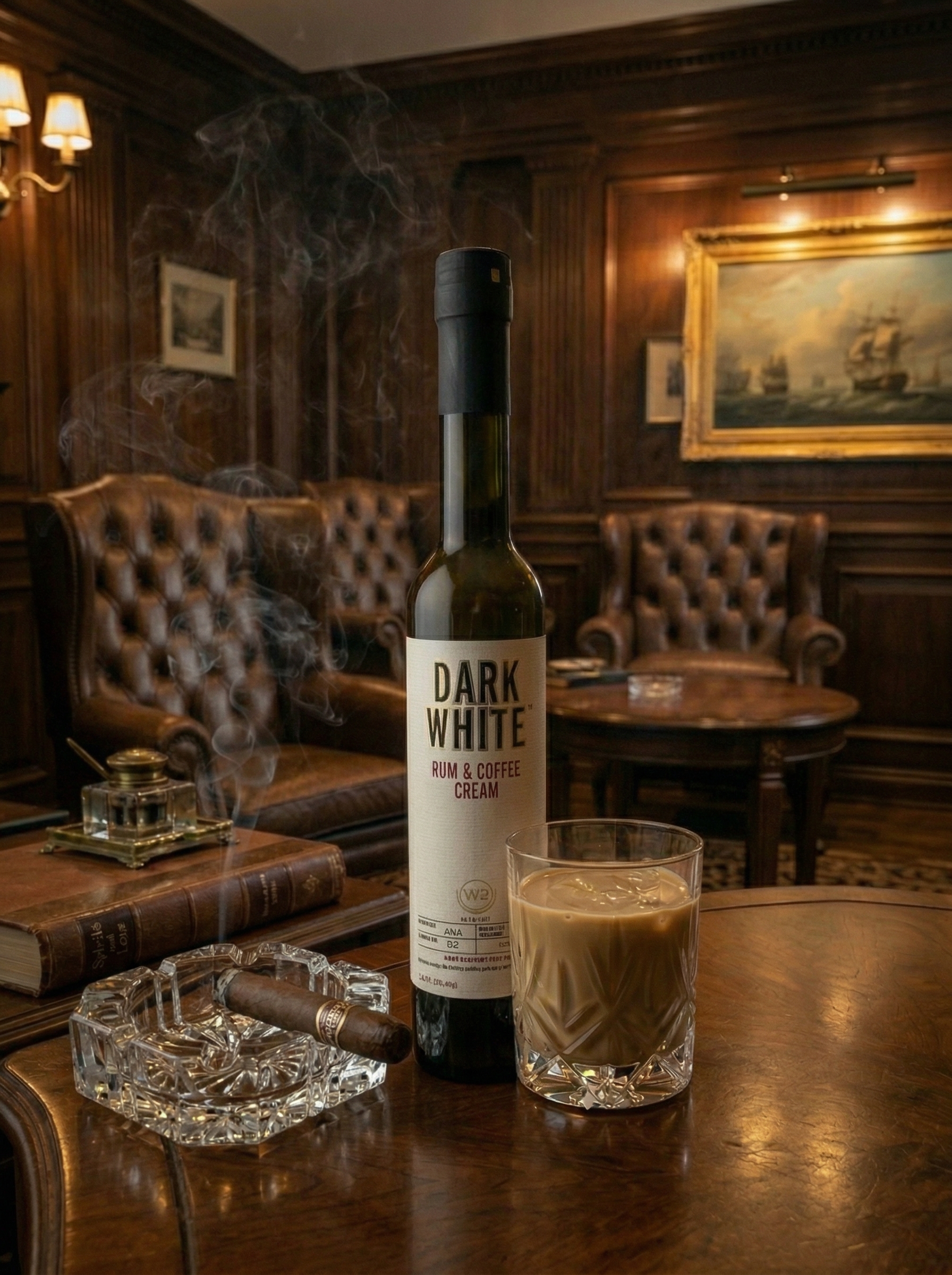 Dark White bottle with coffee cream and cigar